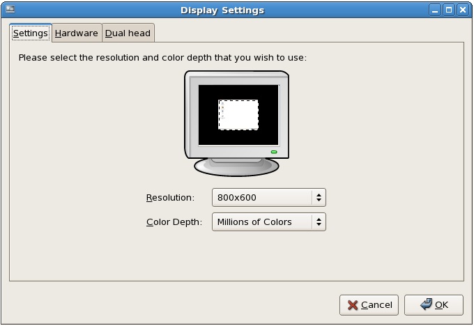 The RHEL 5 GNOME desktop display settings screen
