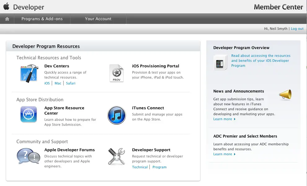 The Apple iOS 5 Developer Member Center after enrollment has been completed