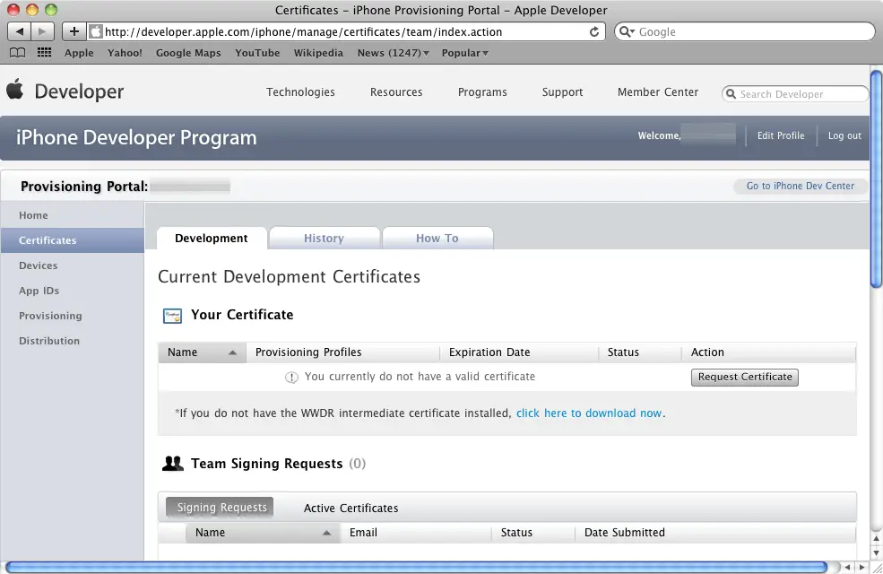The iOS Provisioning Portal Certificates Page