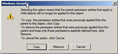 Choose to keep or remove the inherited permissions of a file or folder