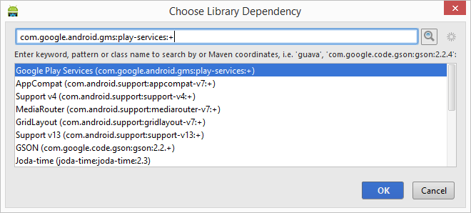 Android Studio Choose Library Dependency dialog