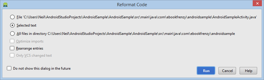 The Android Studio Editor Reformat Code dialog
