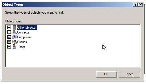 The Windows Server 2008 R2 Object Types Dialog