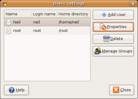 Ubuntu Linux User Settings Dialog