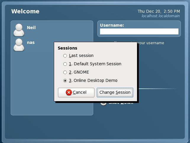 Selecting the GNOME Online Desktop Demo Session