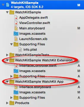 A WatchKit extension listed in Xcode 7