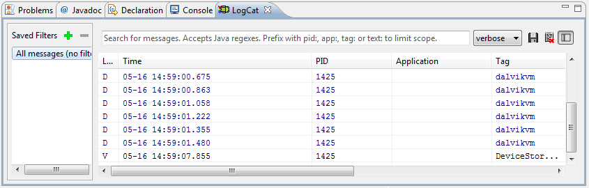 The Eclipse LogCat panel with unfiltered output