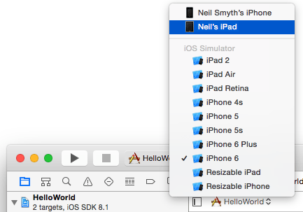 Physical devices listed in the Xcode 6 run destinations menu