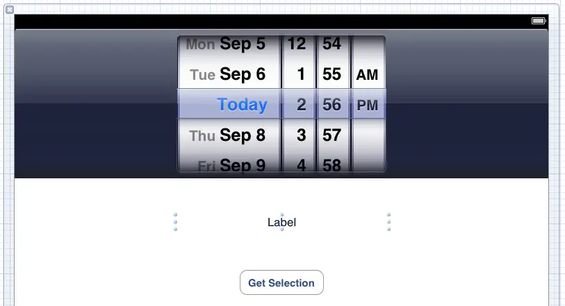 The UI of an iOS 5 iPad date picker example app