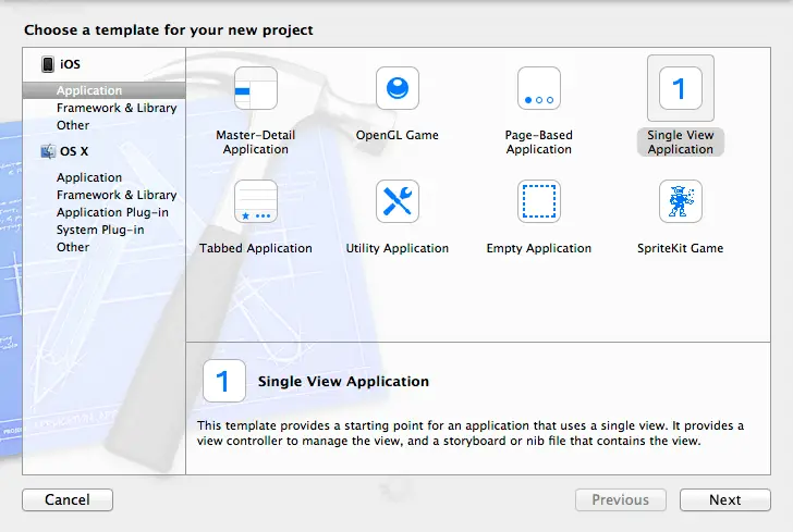 The Xcode 5 new project template selection panel