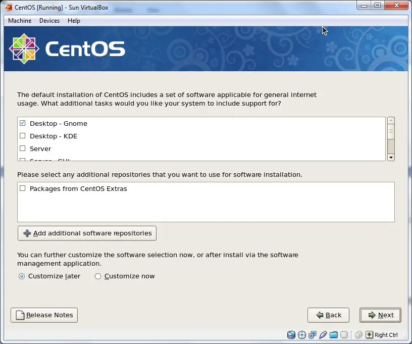 CentOS installation package selection screen