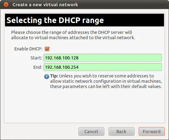Configuring the DHCP address range for an Ubuntu 11.04 KVm virtual network