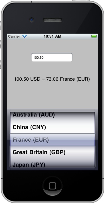 An iOS 4 iPhone PickerView application running
