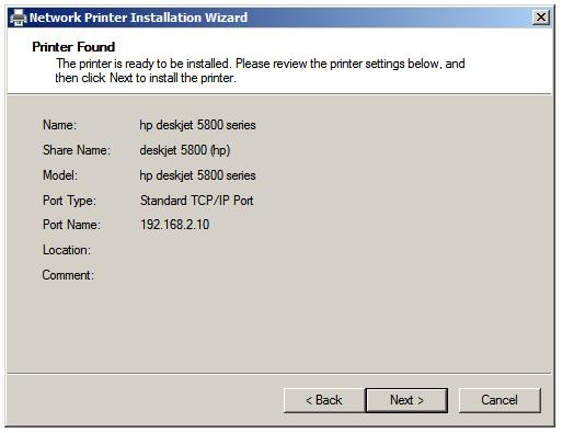 New network printer settings summary screen