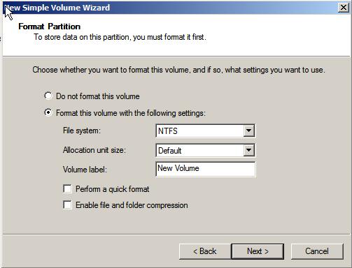 Setting the file system format options in Windows Server 2008