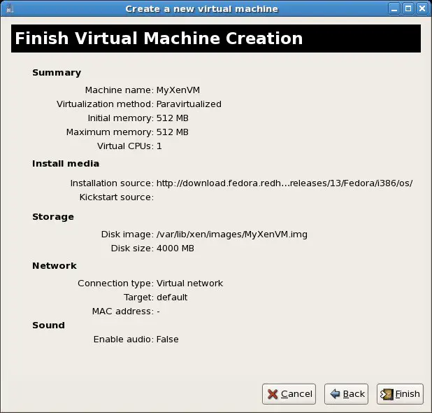 RHEL 5 virt-manager new virtual machine summary screen