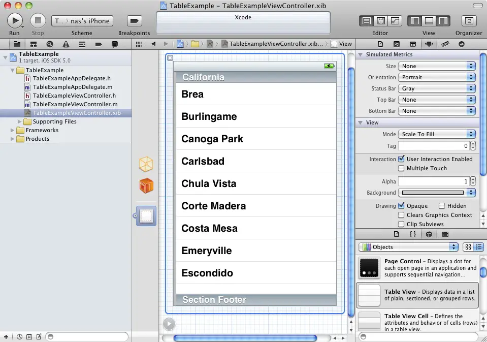 A UITableView object in the Xcode Interface Builder View canvas