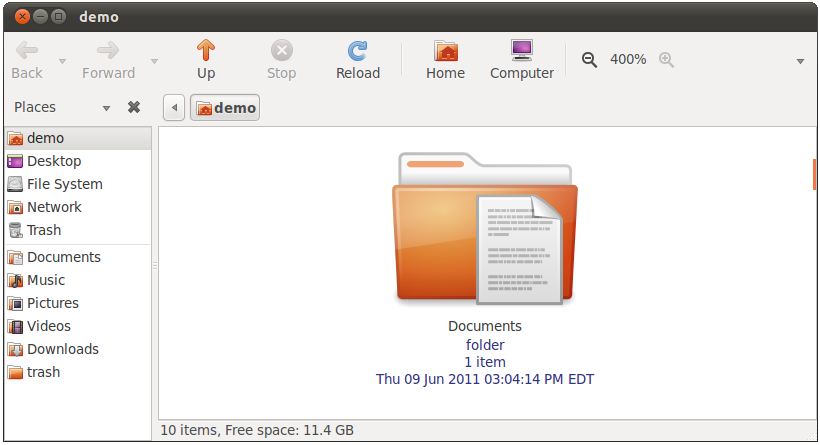 A folder in the Ubuntu 11.04 Unity file manager at maximum zoom