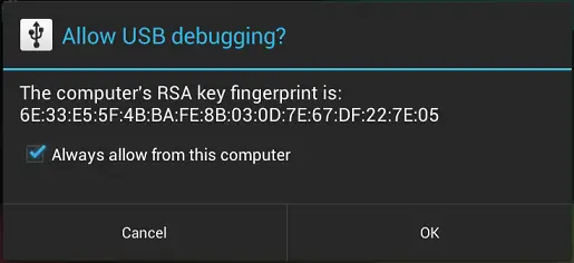 Allowing USB debugging on the Android device