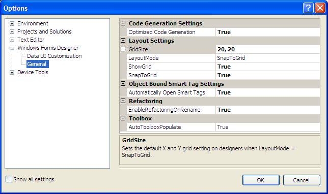 Visual Studio Grid Options