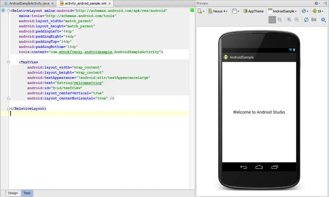 The key areas of the Android Studio Designer tool in Text mode