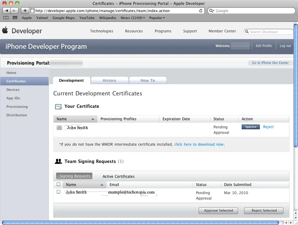 A certificate pending approval in the iPhone Provisioning Portal