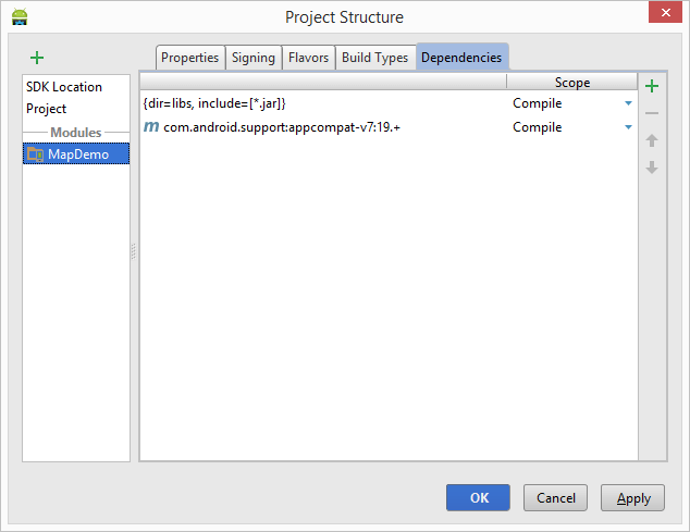 The Android Studio Project Dependency settings screen