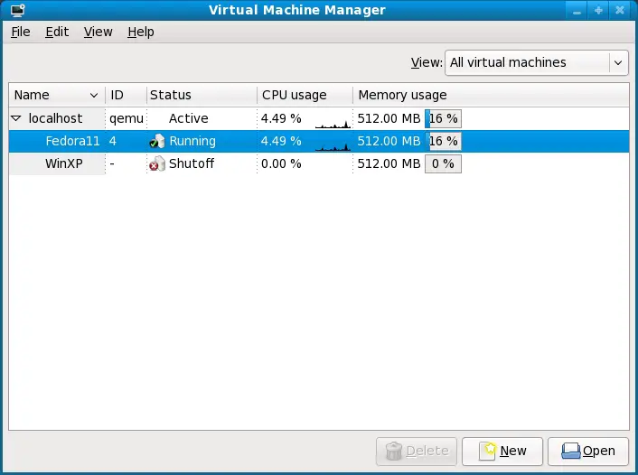The KVM Virtual Machine Manager with two Guest systems