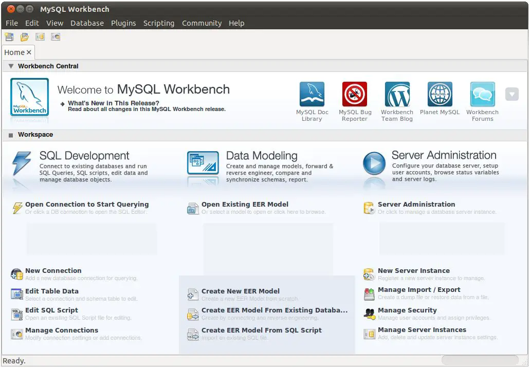 The MySQL Workbench Home screen