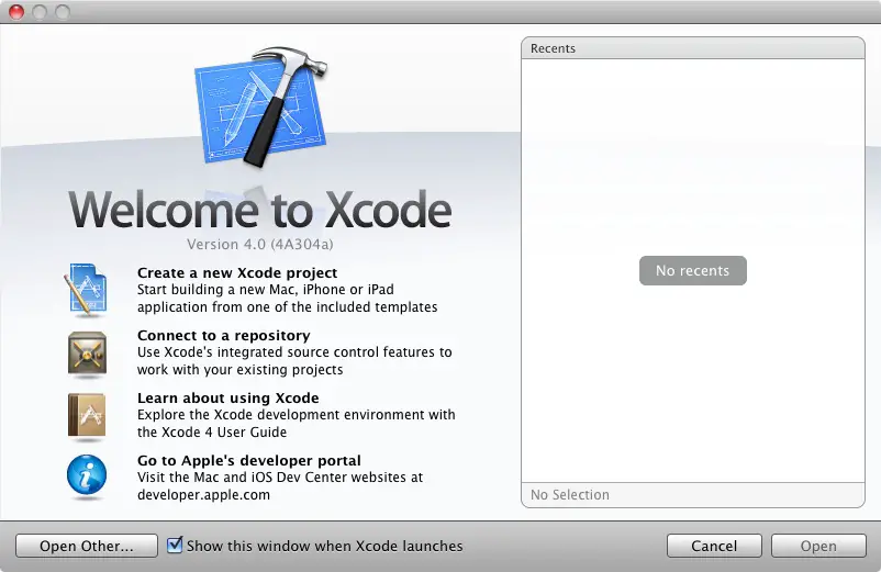 The Xcode 4 Welcome screen