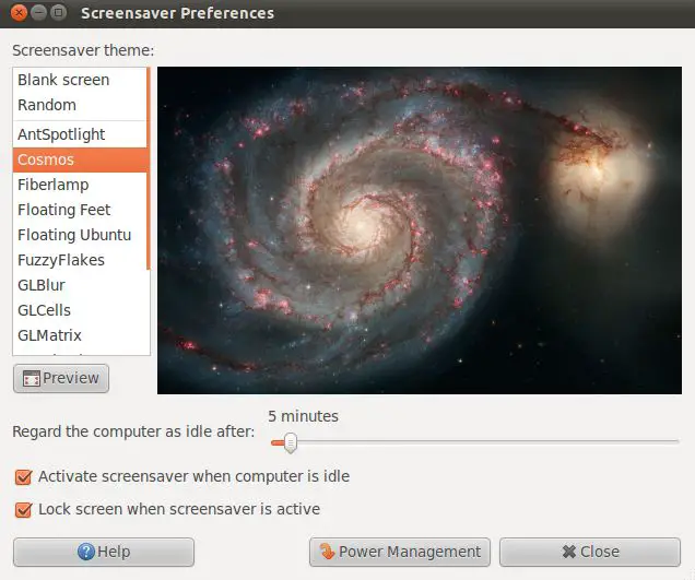 The Ubuntu 11.04 Unity screensaver settings dialog