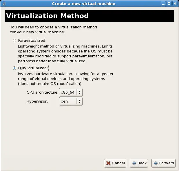 Selecting Xen Full Virtualization for the RHEL Windows guest OS