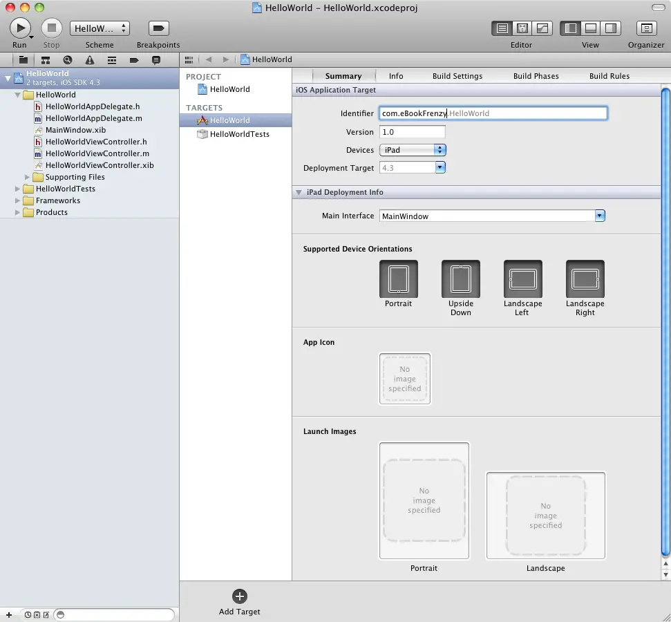 The main Xcode 4 project window after creation of a new iPad app project