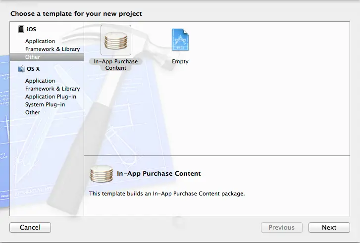 Creating a new In App Purchase Content project in Xcode 5