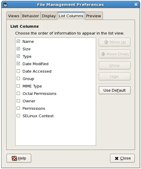 The CentOS Nautilus File Manager Preferences dialog