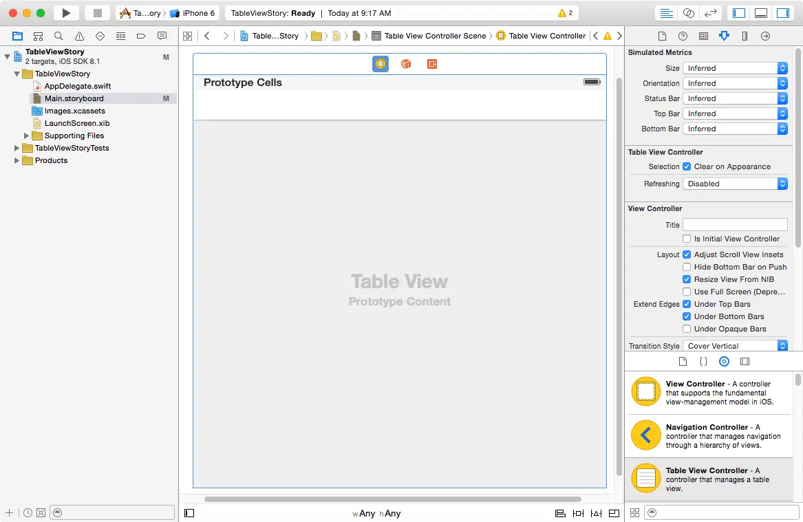 A TableViewController added to an Xcode 6 Storyboard