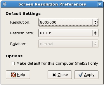 the Red Hat Enterprise Linux 5 screen resolution settings screen