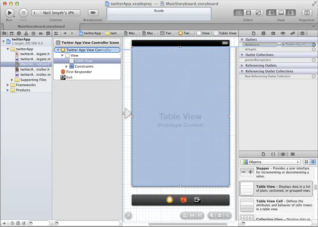 Connecting the TableView Data Source in Xcode