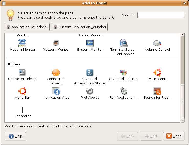 GNOME Add to Panel Dialog