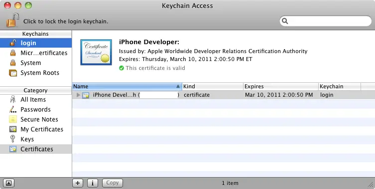 An iPhone developer certificate installed in the Keychain