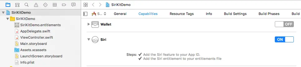 Xcode 8 ios 10 enable siri entitlement.png