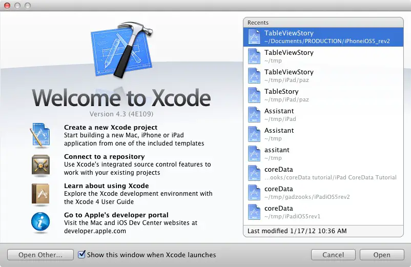 The Xcode 4.2 Welcome Screen