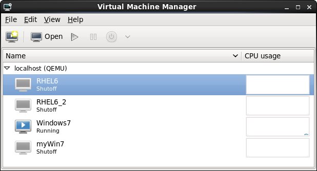 The main window of the virt-manager screen with multiple guests