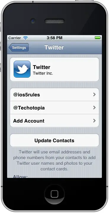 The Twitter settings page of the iOS 6 iPhone Settings App