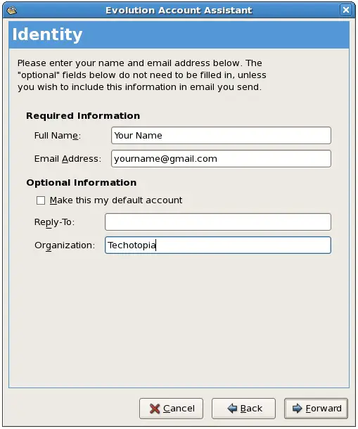 Configuring the identity information for a Gmail account using Evolution on CentOS