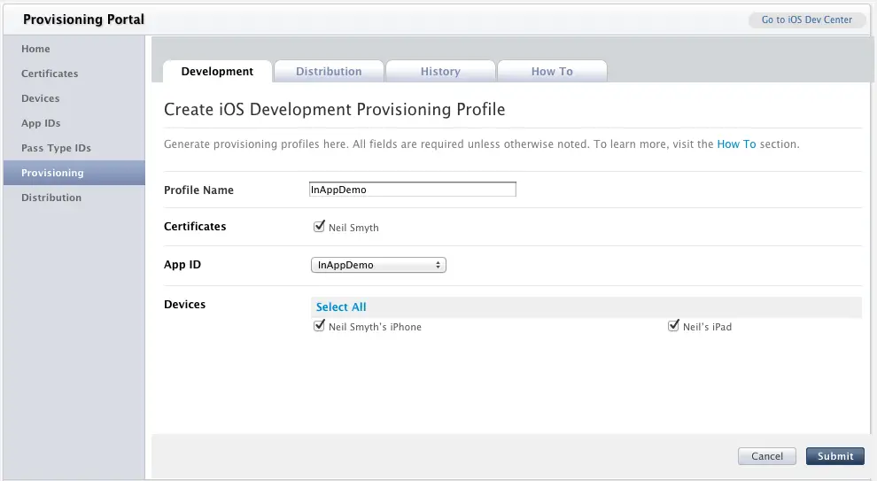 Creating a provisioning profile for in-app purchasing