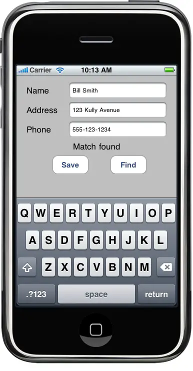 The example iPhone SQLite application running in the iPhone Simulator