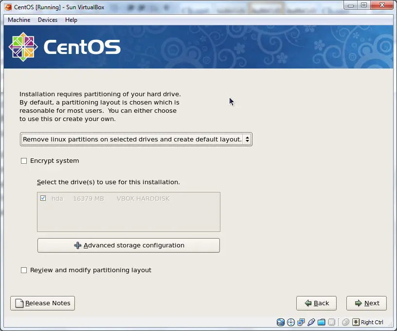 The CentOS installation disk partitioning screen