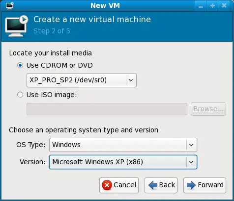 Selecting KVM media and OS type