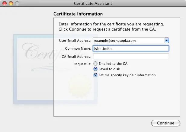Entering certificate information into the Keychain access tool